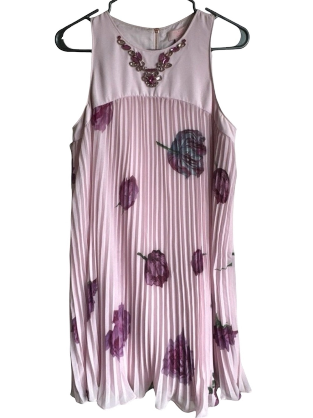 Ted Baker London Accordian Pleated Chiffon Jewel Midi Lined Dress Sz 2